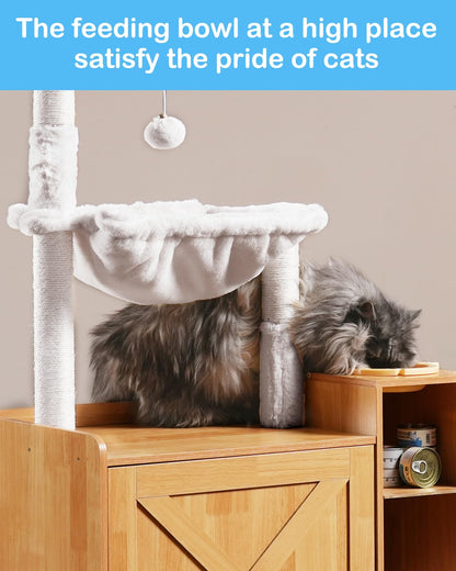 Hey-brother Cat Tree with XL Litter Box Enclosure, All-in-one Cat Tower for Indoor Cats with Large Hammock, Bed, Food Station, Scratching Posts, Modern Style Pet Furniture, Wood Walnut MPJ101 - WoodArtSupply