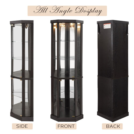 CKEASEAN Corner Curio Cabinet, 70" H Lighted Glass Display Cage with Tempered Glass Doors and 5 Adjustable Shelves, Light Bulb Inclued, Wine Bar China Cabinet for Living Room (Black) CKEASEAN