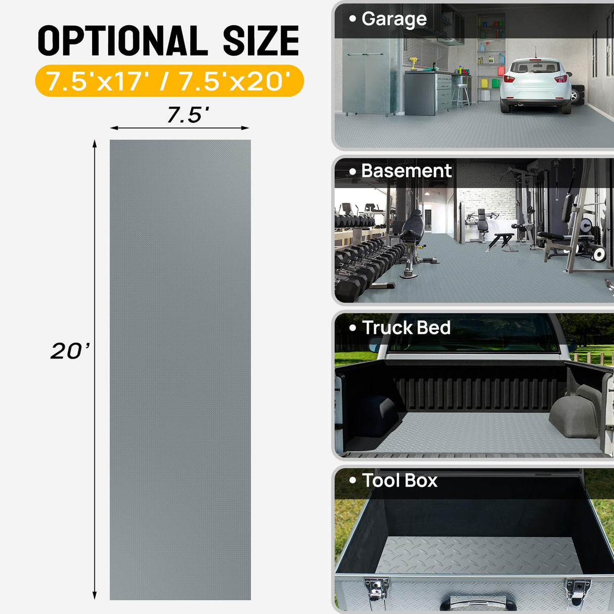 TUFFIOM 7.5 x 20 FT Garage Floor Mat, Thickened Diamond Plate PVC Garage Flooring Roll for Under Car Parking Protect, Floor Mats for Garage, RV Trailer Flooring, Water/Stain Resistant TUFFIOM