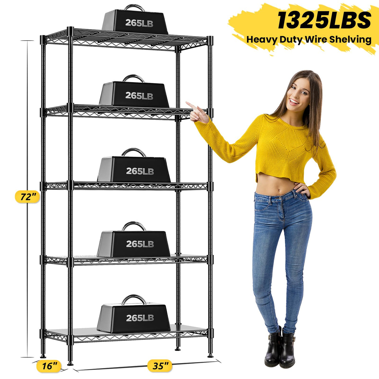 RackBro 72" H Storage Shelves 5 Tier Wire Shelving with Shelf Liners, Adjustable Metal Garage Shelving, 1325LBS Heavy Duty Commercial Storage Rack for Pantry Kitchen, 35" W x 16" D x 72" H, Black RackBro