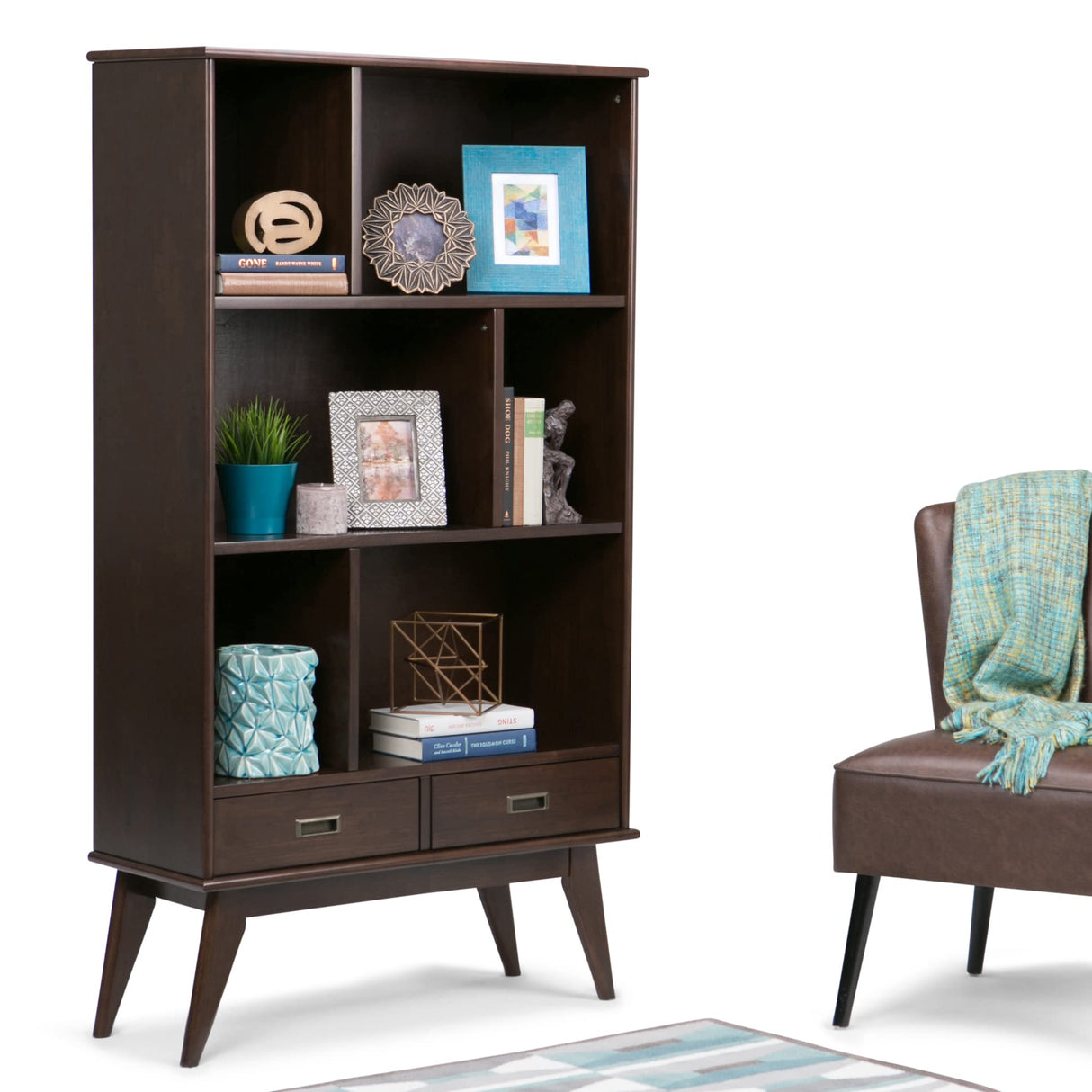 SIMPLIHOME Draper Bookcase - 64 inch Tall Solid Hardwood Wide Storage Bookshelf in Medium Auburn Brown, Mid-Century Modern Storage for Living Room or Office with Adjustable Shelves and Tapered Legs SIMPLIHOME
