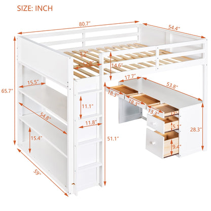 Polibi White Full Size Loft Bed with 5-Drawer Desk, Shelves, and Sturdy Ladder - WoodArtSupply