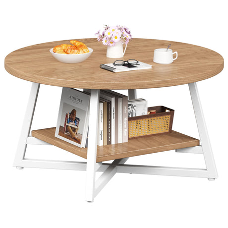 Coffee Table for Living Room, Round Coffee Table, Small Circle Coffee Table with Storage, Modern Wood Round Center Table for Home Office, Small Space, Easy Assembly, Light Coffee Homeiju