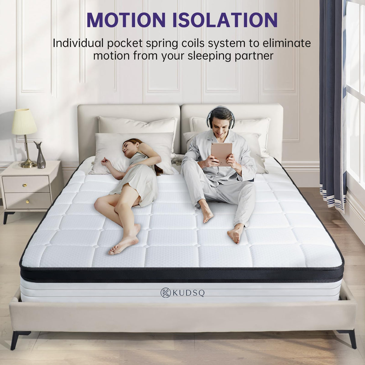 KUDSQ Queen Size Mattress, 10 Inch Queen Mattress in a Box with Memory Foam and Pocket Spring for Pressure Relief & Comfort Sleep, Medium Firm Feel, Fiberglass Free Bed in a Box/CertiPUR-US KUDSQ