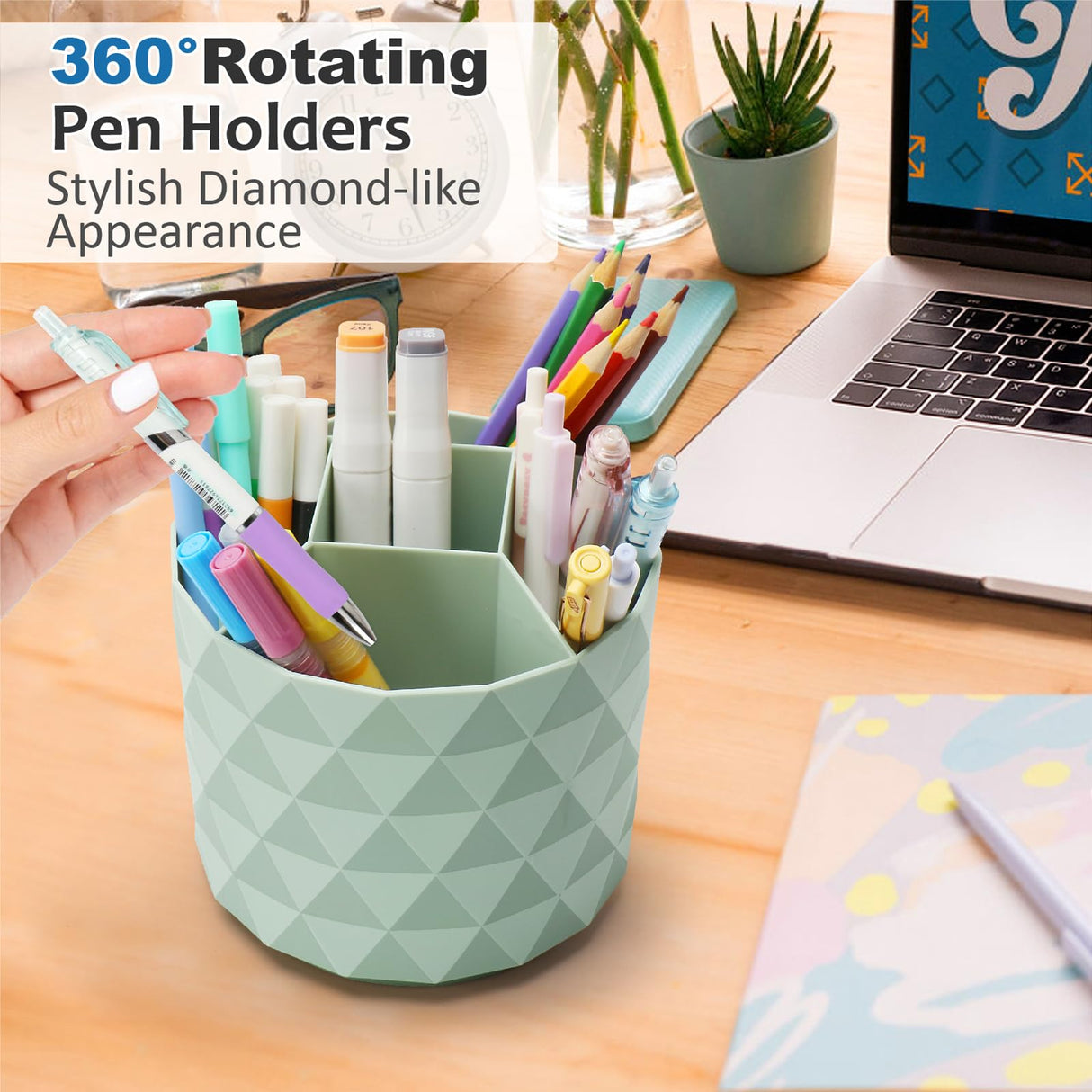 Nuozme Desk Organizer, 360-Degree Rotating Pencil Pen Holders For Desk, Diamond Pattern Pen Organizer With 5 Compartments, Cute Desk Accessories Decor For Office, School,Home,Art Supply (White) Nuozme