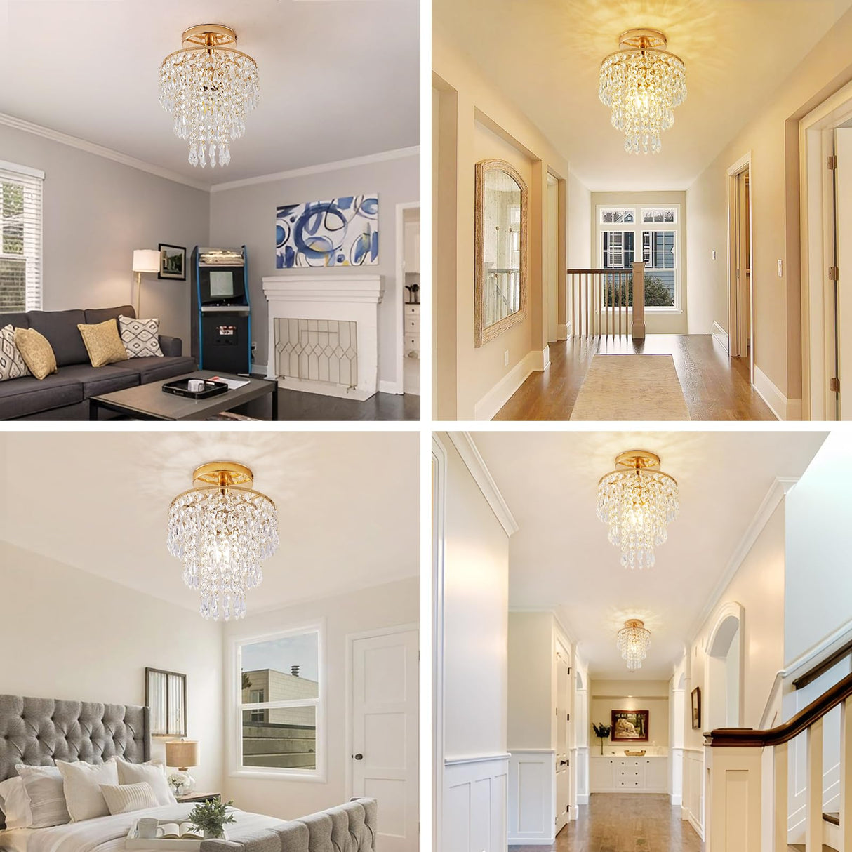 Modern Mini Crystal Chandelier, 3-Tier Raindrops Design Small Chandelier Light Fixture, Flush Mount Ceiling Light Fixture for Bedroom, Hallway, Living Room - E26 Base, Chandelier for Bedroom (Gold) Cyaruy