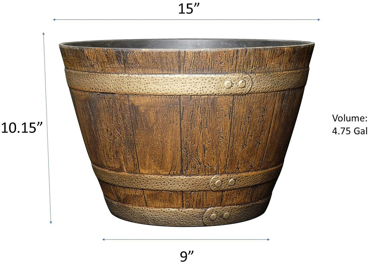 Classic Home and Garden Whiskey Plastic Resin Flower Pot Barrel Planter, 15", Oak Brown (2 Pack) Classic Home and Garden