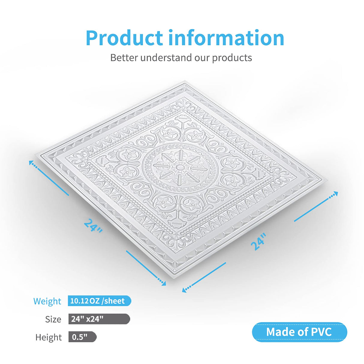 Art3d Drop Ceiling Tiles, Glue up Ceiling Tiles, 2'x2' Plastic Sheet in White (12-Pack, 48 Sq.ft) Art3d