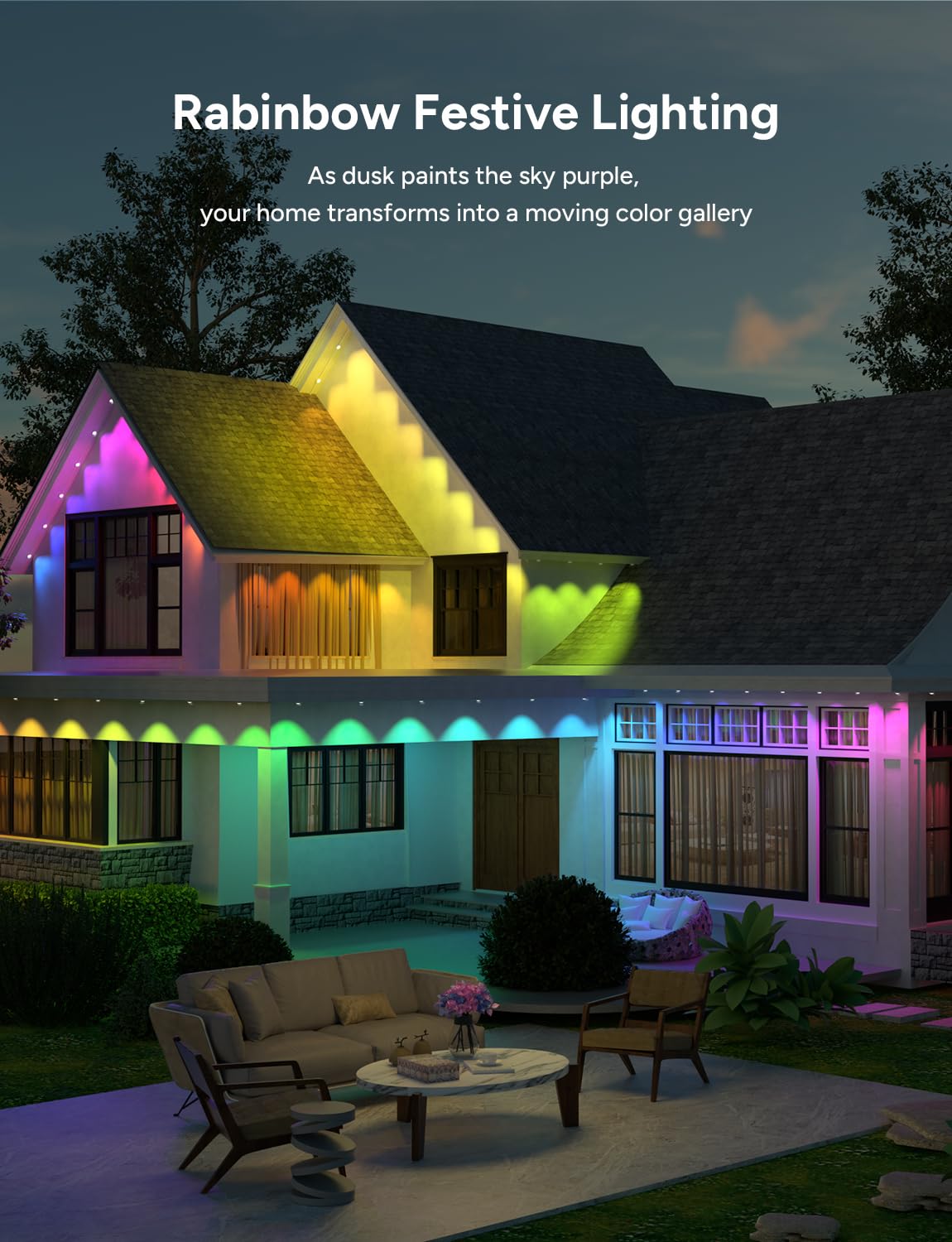 Isablelala Permanent Outdoor Lights, 150ft with 90 RGB LED Lights for Daily and Christmas, Halloween, 49 Scene Modes+DIY for Outdoor Decor, IP66 Waterproof, Compatible with Alexa, Google Assistant Isablelala
