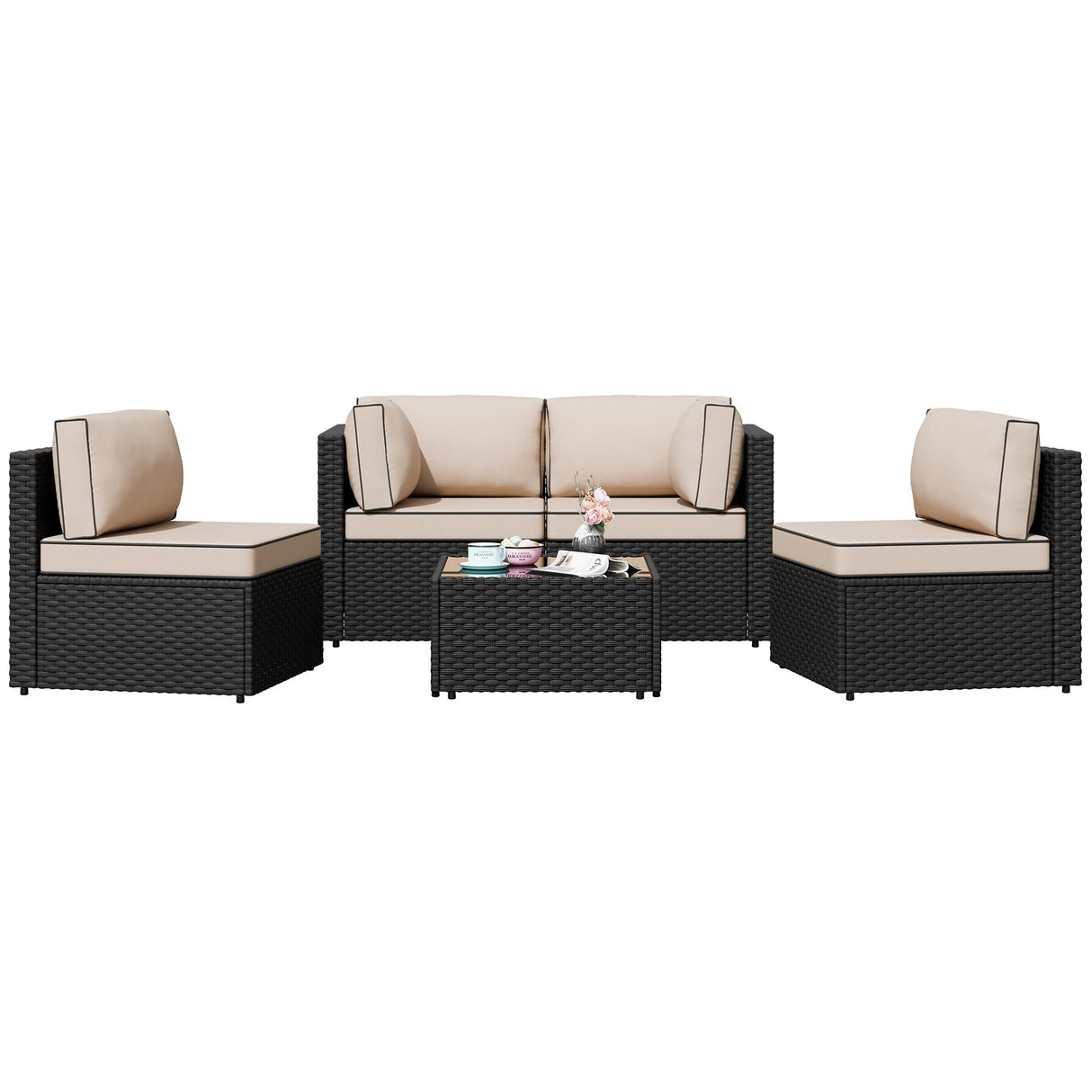 Shintenchi 5 Pieces Outdoor Patio Sectional Sofa Couch, Black PE Wicker Furniture Sets, Patio Conversation Sets with Washable Cushions Glass Coffee Table for Garden, Poolside, Backyard,(Khaki) Shintenchi