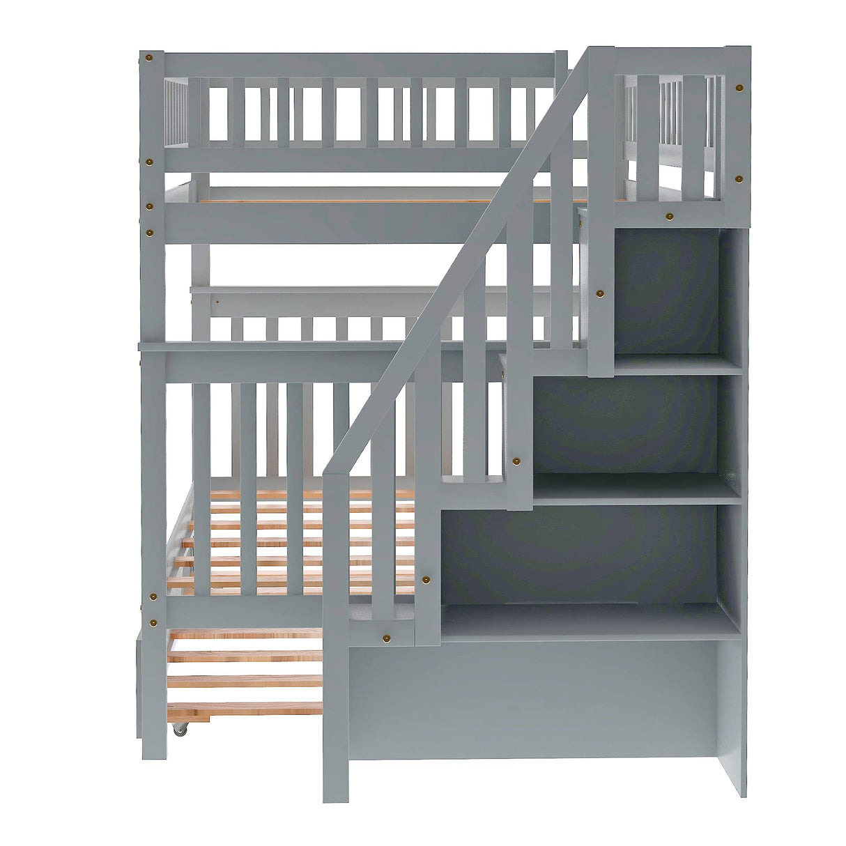 P PURLOVE Stackable Full Over Full Bunk Bed with Trundle, Wood Stairway Storage Bunk Bed with Storage Shelf for Kids Teens, Full Bunk Bed can Be Divided into 3 Individual Beds,Gray Bed Frame P PURLOVE