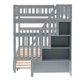 P PURLOVE Stackable Full Over Full Bunk Bed with Trundle, Wood Stairway Storage Bunk Bed with Storage Shelf for Kids Teens, Full Bunk Bed can Be Divided into 3 Individual Beds,Gray Bed Frame P PURLOVE