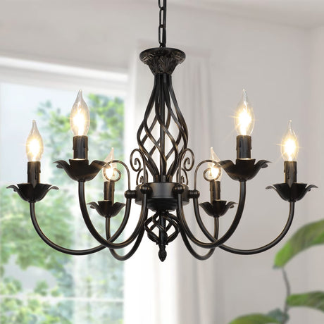 6-Light Farmhouse Candle Chandelier for Living Room, Rustic Industrial Pendant Ceiling Light fixture, Vintage Hanging Lamp for Bedroom Hallway Kitchen Dining Room Foyer, Matte Black E12 Socket VerRon