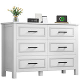 YITAHOME 6-Drawer Dresser with Built-in Power Outlet, Wood TV Stand with 6 Large Drawers and Bar Handles, White Dresser Chest of Drawers for Living Room, Hallway, Entryway YITAHOME