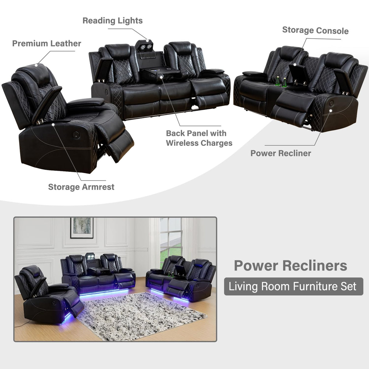 GEBADOL Power Recliner Sofa Set with LED, Black Leather Reclining Living Room Sofa, Muti-Functional Recliner Sofa and Couch with Storage Console/Cup Holders/USB Ports GEBADOL