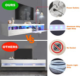 Floating TV Stand Wall Mounted with Power Outlet, Modern Floating Entertainment Center for 80 Inch TV, High Gloss Floating TV Shelf with LED Lights for Living Room, Bedroom, White Doredo