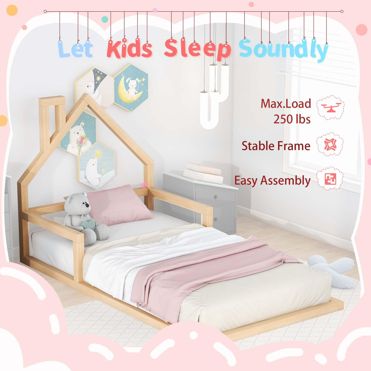 Bellemave Twin Size Montessori Floor Bed with House-Shaped Headboard and Railings in Natural Finish Bellemave