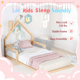 Bellemave Twin Size Montessori Floor Bed with House-Shaped Headboard and Railings in Natural Finish Bellemave
