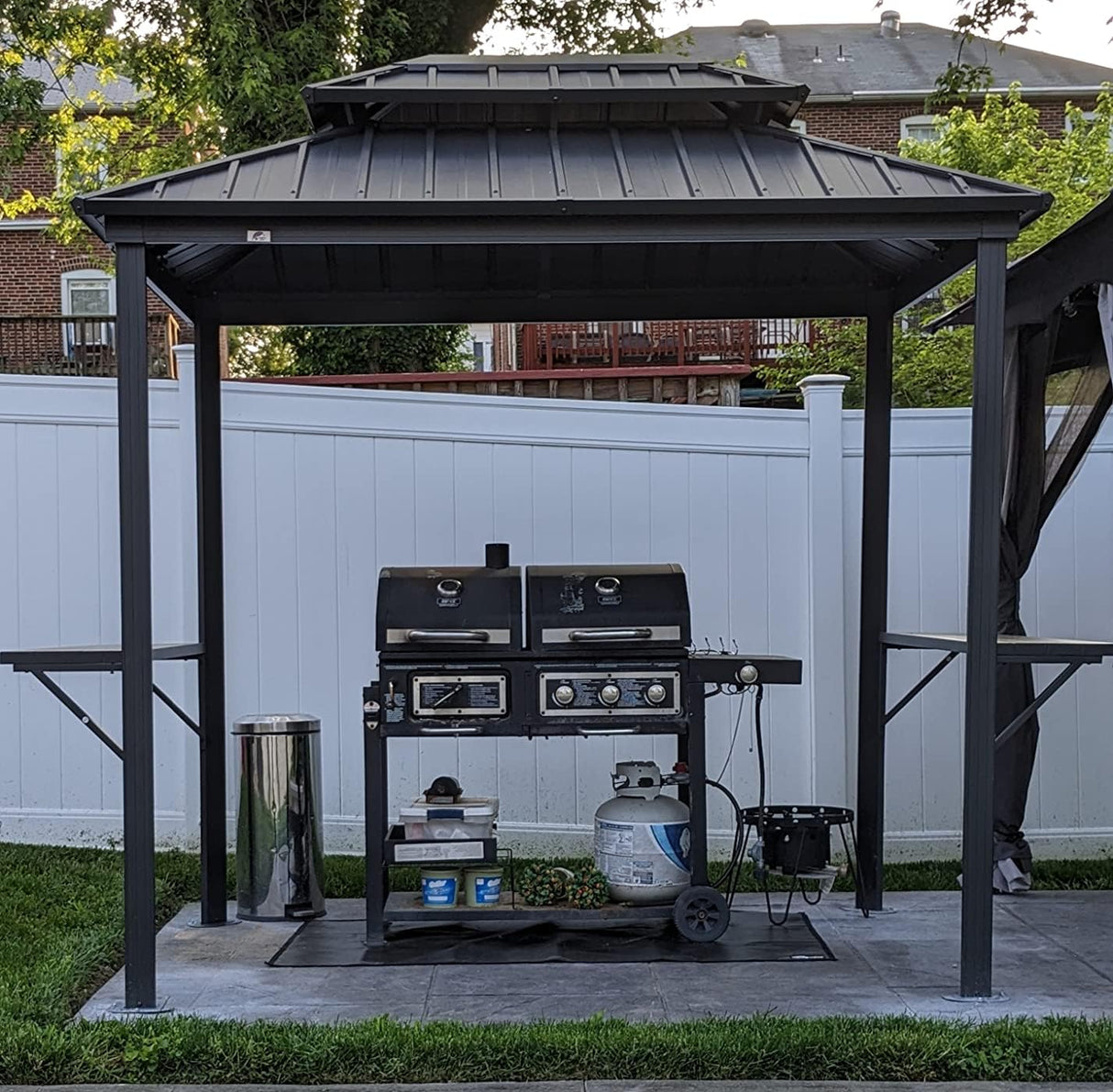 PURPLE LEAF 6' X 8' Hardtop Grill Gazebo for Patio Permanent Aluminum Barbeque Shelter Gazebo Canopy with Ceiling Hook and Shelves Double Tiered Grey PURPLE LEAF