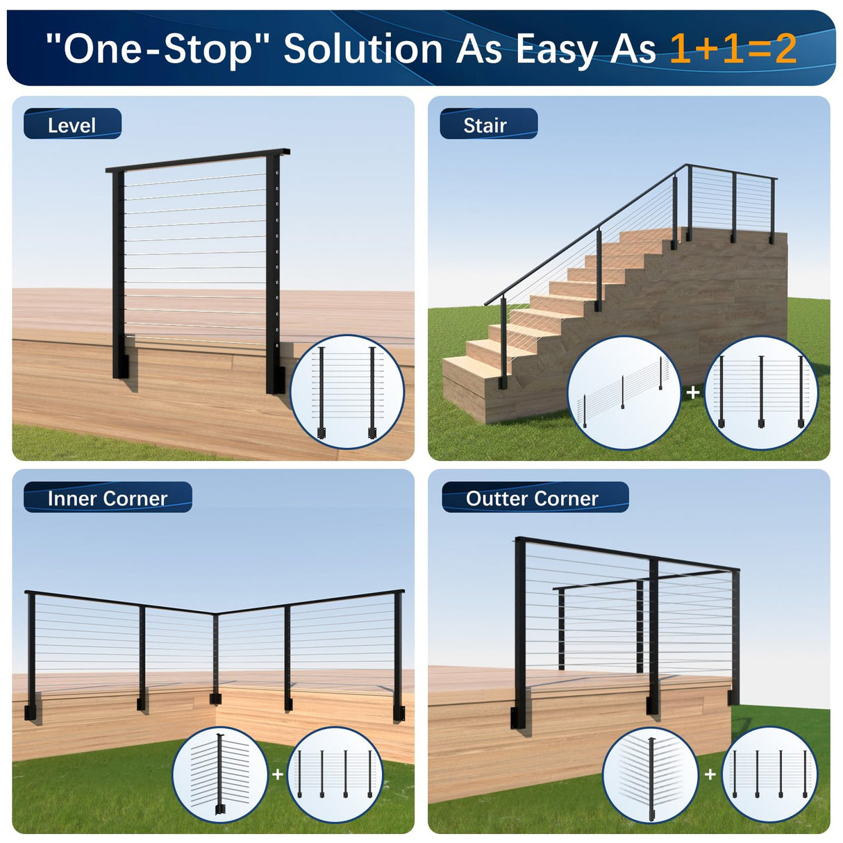 Gyykzz 2Pack One-Stop Side Mount Cable Railing Post Kits 42" (Post Body 47.6"), Complete Set Include 2 Pack Side Mount Line Posts, 105ft Cable, 12 Sets Cable Tensioner, 48 Cable Grommets (No Handrail) Gyykzz