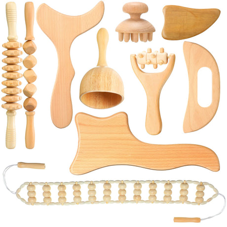 Chumia 10 Pieces Wood Massage Tools Wooden Maderoterapia Kit Therapy Tools Massage Roller Lymphatic Drainage Health Care for Neck Leg Back Arm Body Muscle Pain Relief Chumia