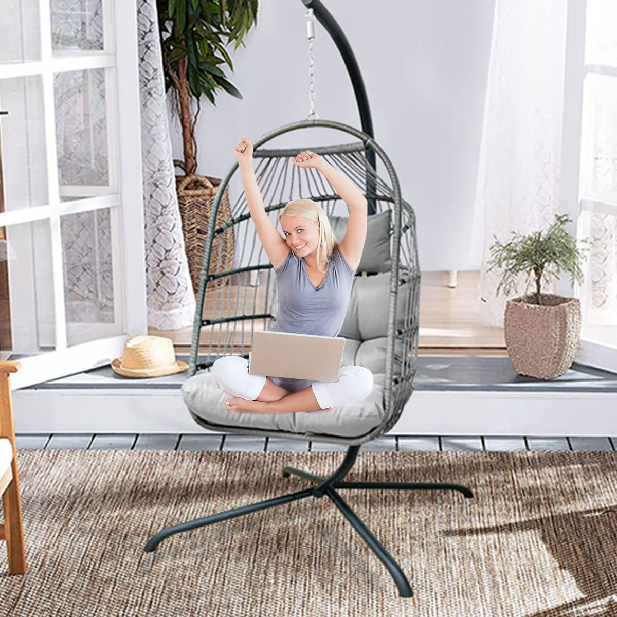 Enipate Outdoor Hanging Egg Chair Cushion, Water-Resistant Tufted Swing Basket Chairs Cushion Pads with Headrest Pillow Enipate