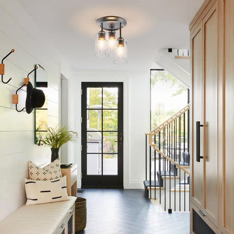 Kalium 3-Lights Semi Flush Mount Ceiling Light Fixture, Matte Black Light Fixtures, Ceiling Light for Kitchen, Foyer, Entryway, Farmhouse, Home Decor, Clear Glass Shade. Kalium