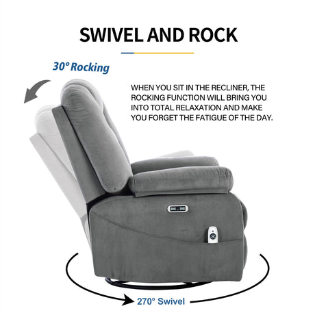 Sftaiyou Power Swivel Rocker Recliner Chair for Adults,Rocking Reclining Chair for Living Room with Massage and Heat, Electric Fabric Recliner Sofa Chair with USB and Type-C Port (Gray) Sftaiyou