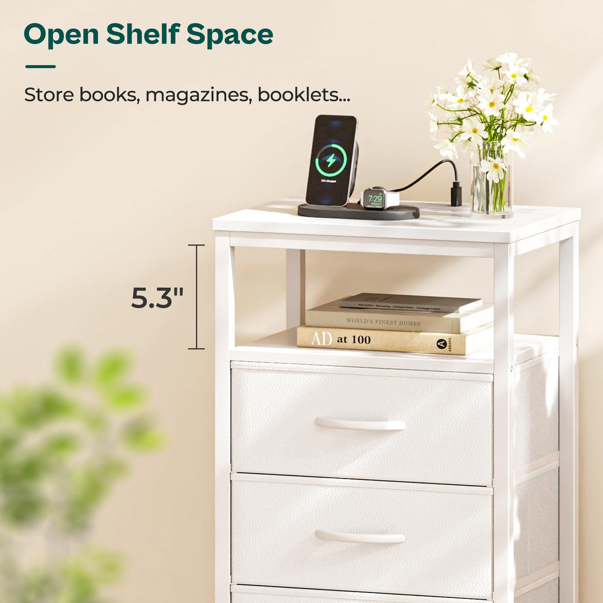 Huuger Nightstand with Charging Station, 27.6 Inch Side Table with Drawers, PU Leather Finish, End Table Bedside Table with USB Ports and Outlets, Night Stand for Bedroom, White Huuger