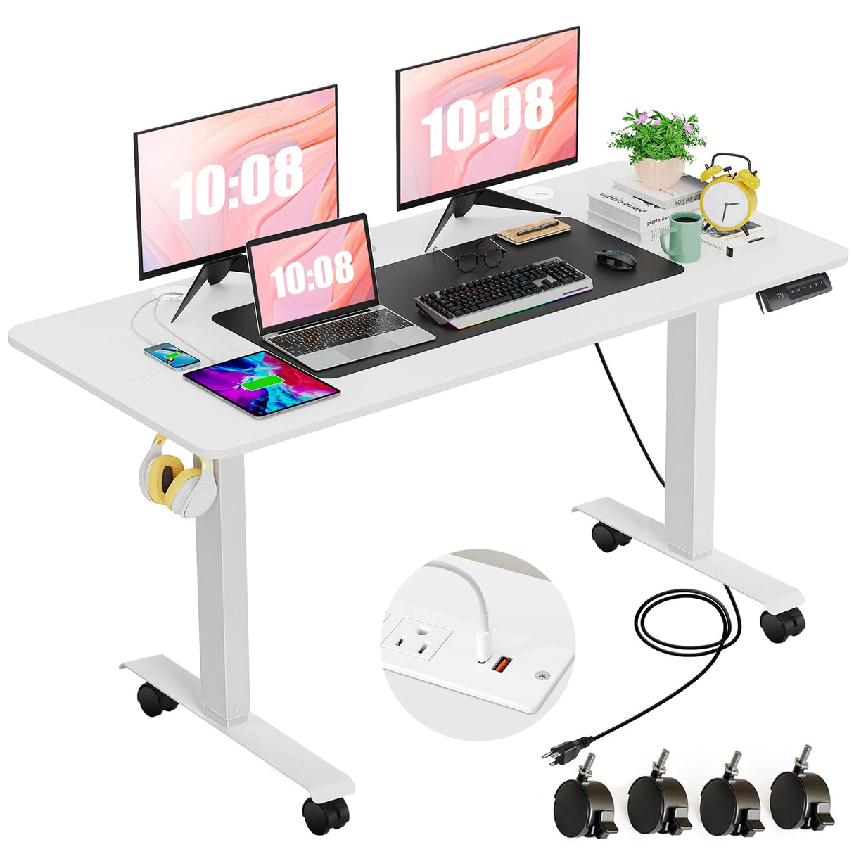 farexon Electric Standing Desk 63 x 24In with Charging Station, Stand up Desk with Oversized Mouse Pad, 2 USB Ports & 3 Power Outlets, 4 Caster, 4 Preset Heights Easy to Set(White) farexon