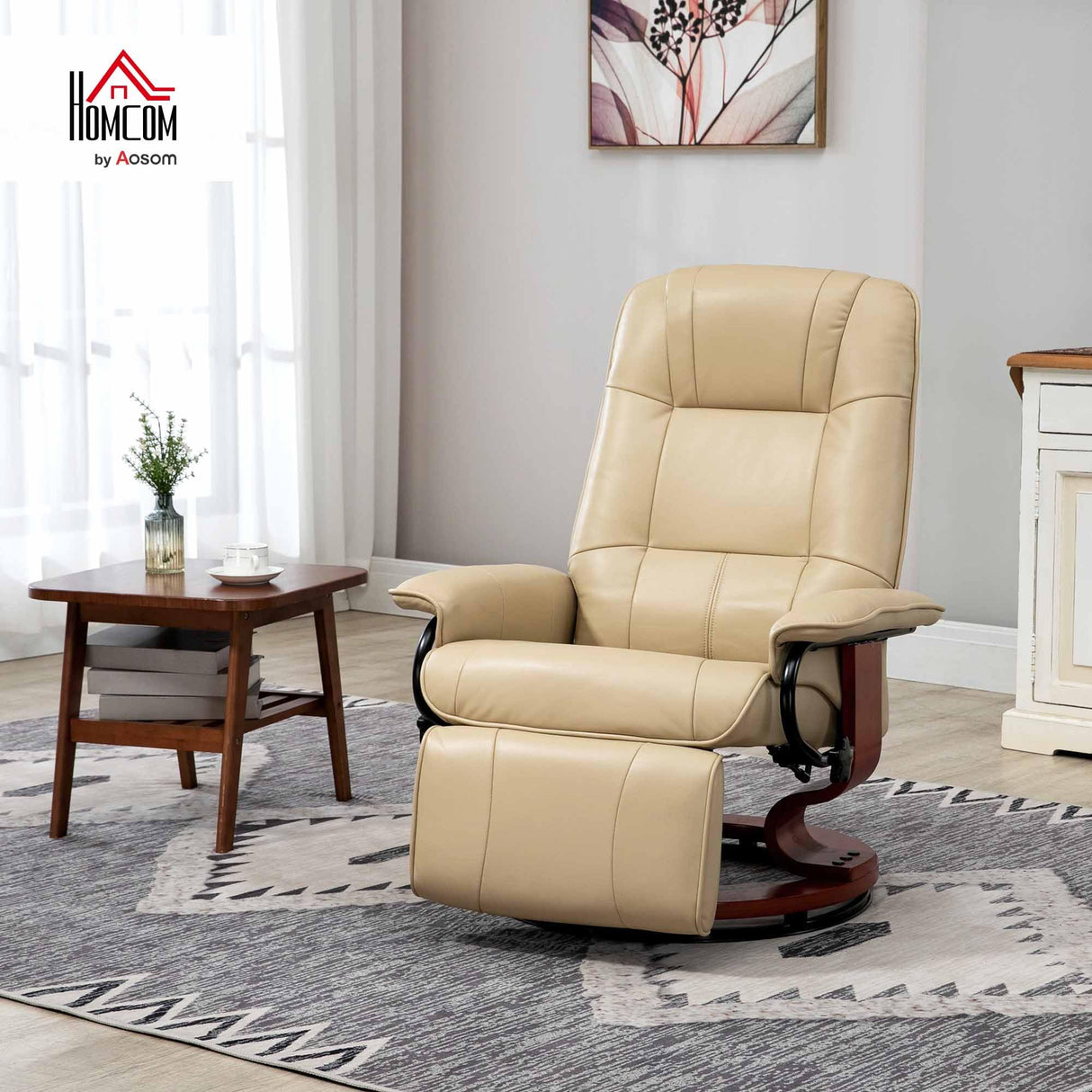 HOMCOM Faux Leather Manual Recliner, Adjustable Swivel Lounge Chair with Footrest, Armrest and Wrapped Wood Base for Living Room, Cream White HOMCOM