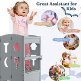 Costzon Toddler Tower, Foldable Kids Kitchen Step Stool w/Safety Rail, Height Adjustable Wood Standing Tower for Toddlers, Montessori Child Learning Tower for Bathroom, Kitchen Counter Costzon