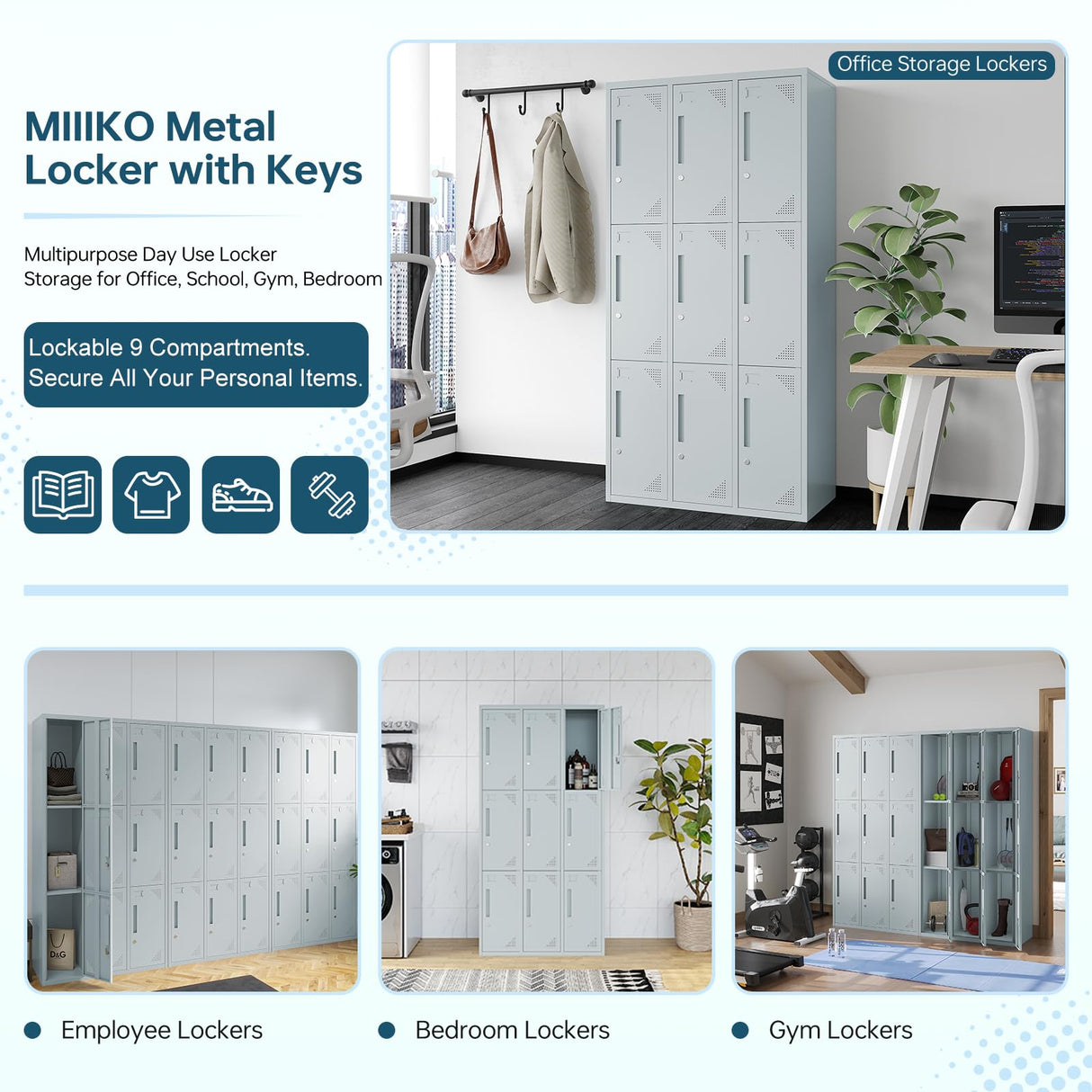 MIIIKO Metal Lockers 3 Tier 3-Wide, Employee Storage Locker with Keys and 9 Doors, 71" Tall Locking Storage Shelf Organizer for Work, School and Gym MIIIKO