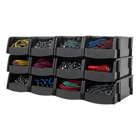 IRIS USA Small Stackable Storage Bins, 12-Pack, 7.5 x 4.5 x 3 inch, |Made in USA|, Plastic Open Front Shelf Bin for Organizing Parts, Hardware, Tools, Supplies, Garage Shelf, Pantry - Black IRIS USA