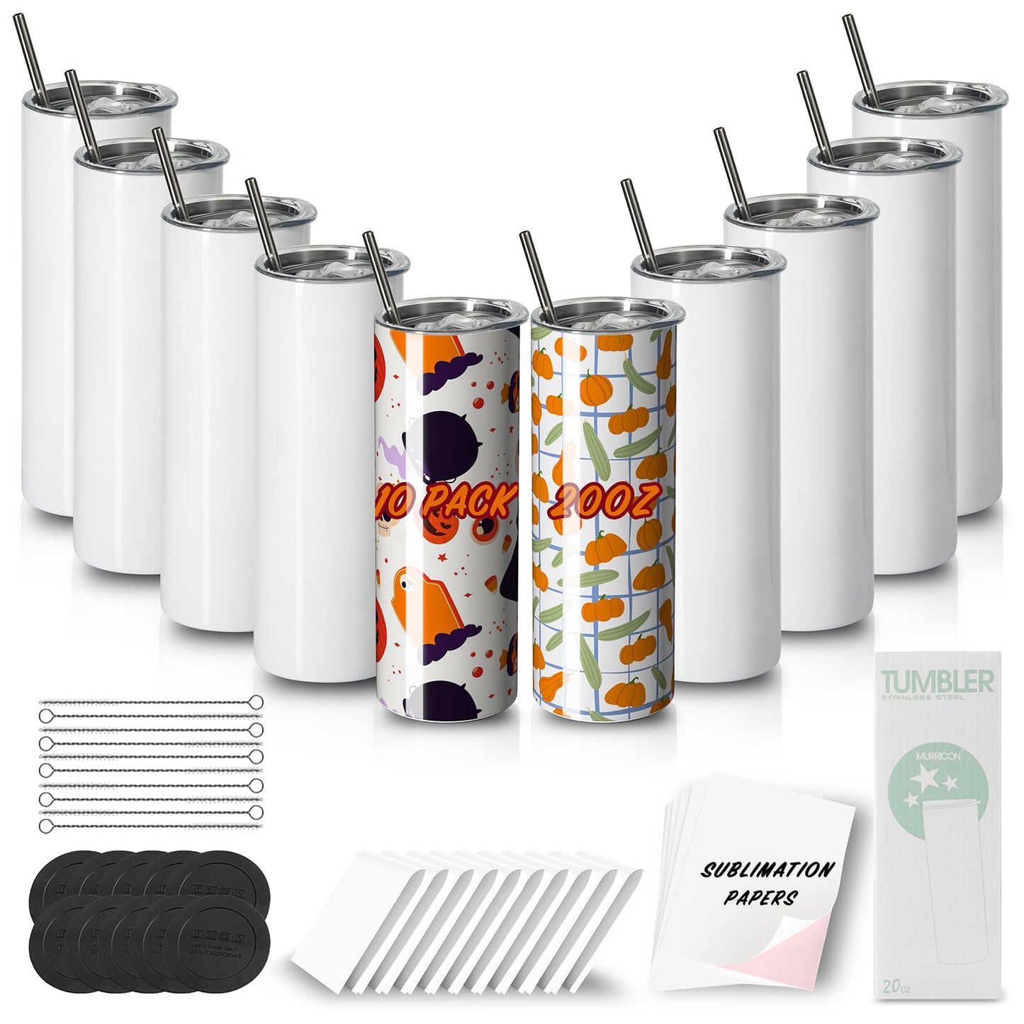 MURRICON Sublimation Tumblers 20 oz Skinny Straight,Stainless Steel Sublimation Blanks Skinny Tumbler,Double Wall Vacuum Insulated Sublimation Tumblers,with lid and straw,10 Pack