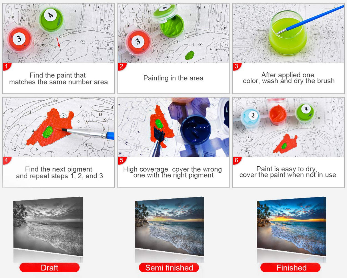 TUMOVO Adult Paint by Number - Caribbean Beach Paint by Numbers for Adults Beginner Seaside Cloudscape Paint by Numbers Kit with 3 Size Brushes and Acrylic Pigment, 16x20 Inches(Frameless) TUMOVO