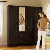 AIEGLE 4 Doors Wardrobe Armoire with Mirror, 63" Wide Large Freestanding Armoire Wardrobe Closet with 2 Drawers, Shelves & 2 Hanging Rods, Bedroom Clothes Storage Cabinet Organizer, Black Brown AIEGLE