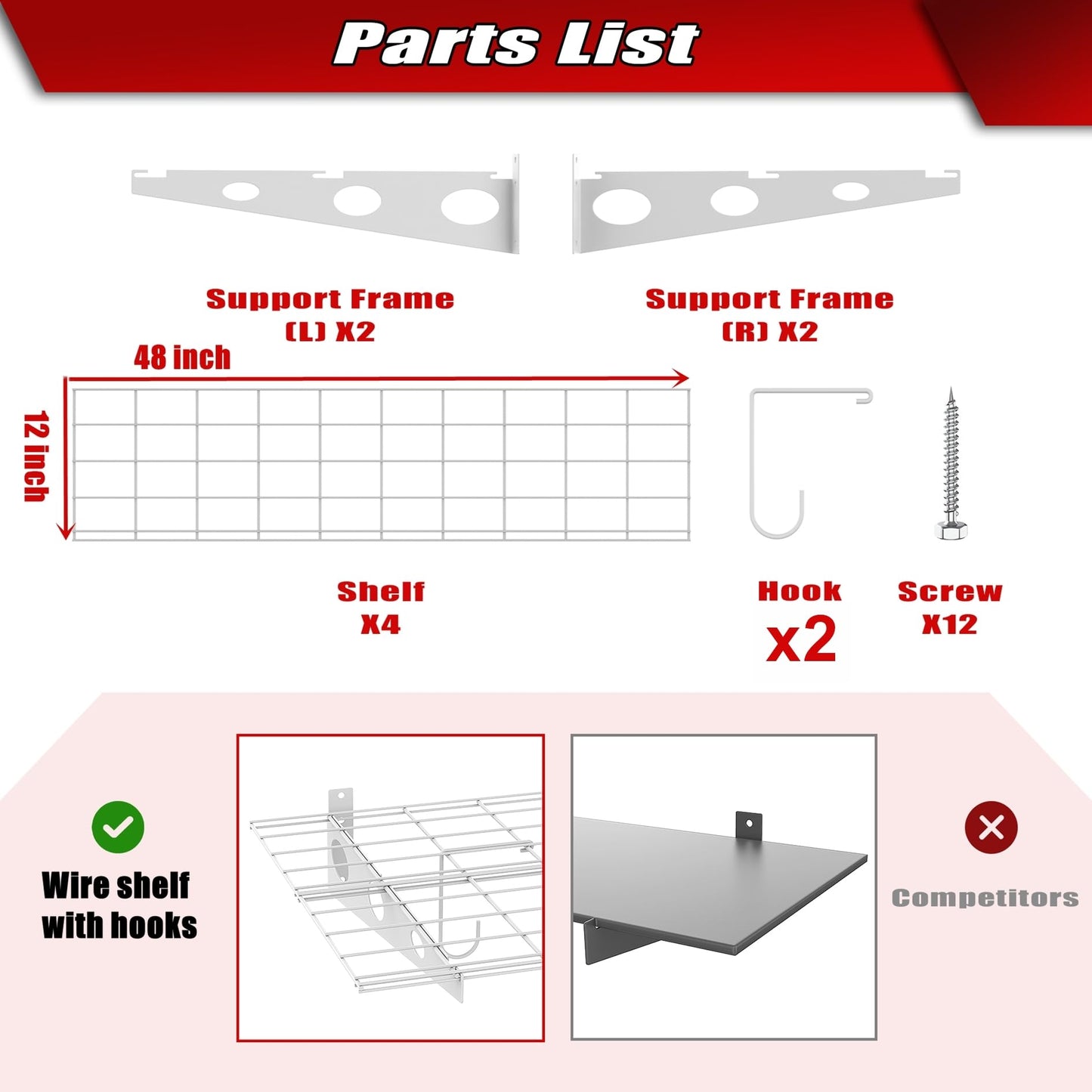 WALMANN 2 Pack Garage Wall Shelves, 2 x 4 ft/24 * 48 inch Wall Mounted Storage Shelves for Garage Heavy Duty Wall Shelving, Holds Up to 220 Lbs(White)