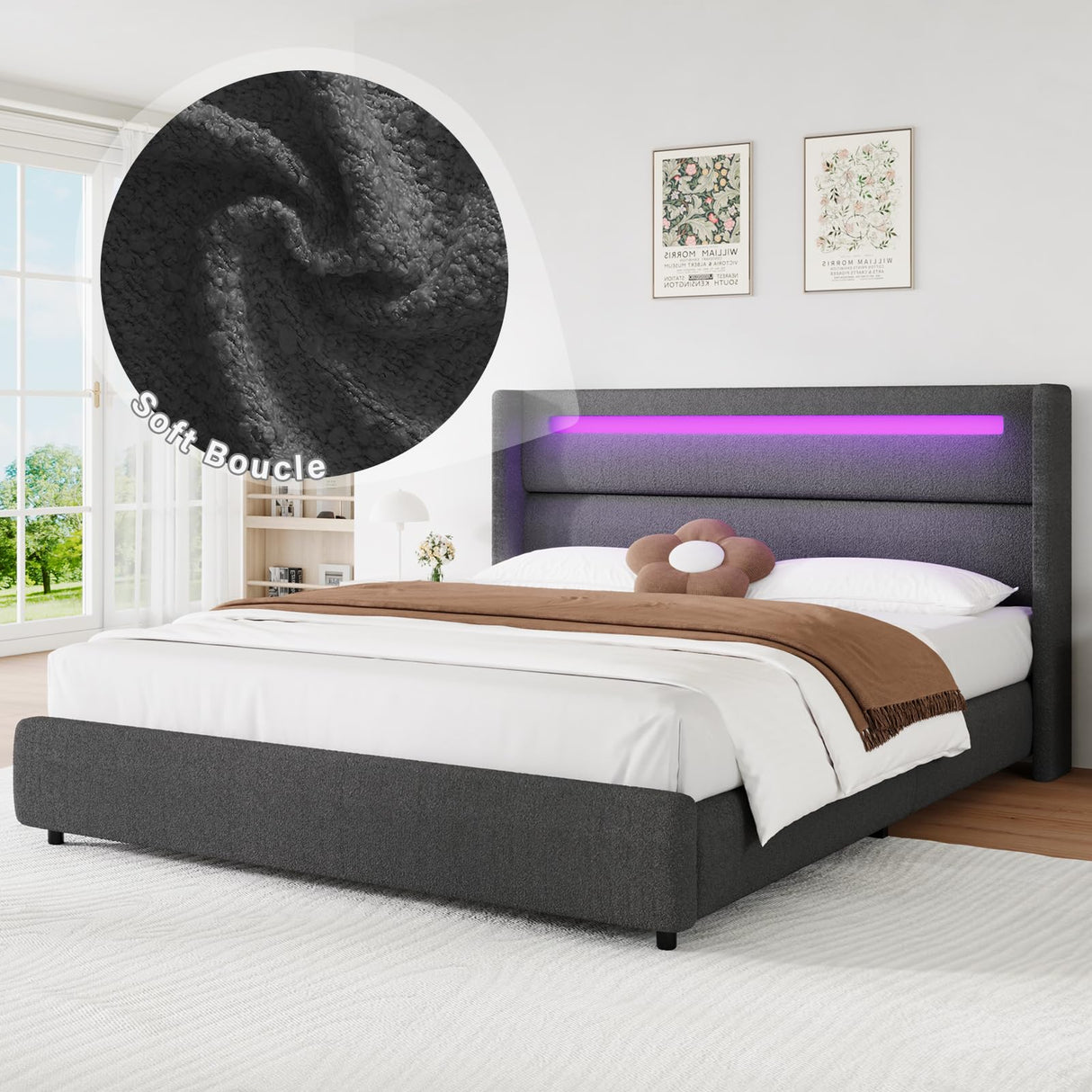 HOMBCK Full Size Bed Frame with Headboard and LED Lights, Boucle Upholstered Platform Bed with Wingback Design, Modern Soft Bed Frame, No Box Spring Needed, Easy Assembly, Grey HOMBCK