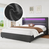 HOMBCK Full Size Bed Frame with Headboard and LED Lights, Boucle Upholstered Platform Bed with Wingback Design, Modern Soft Bed Frame, No Box Spring Needed, Easy Assembly, Grey HOMBCK