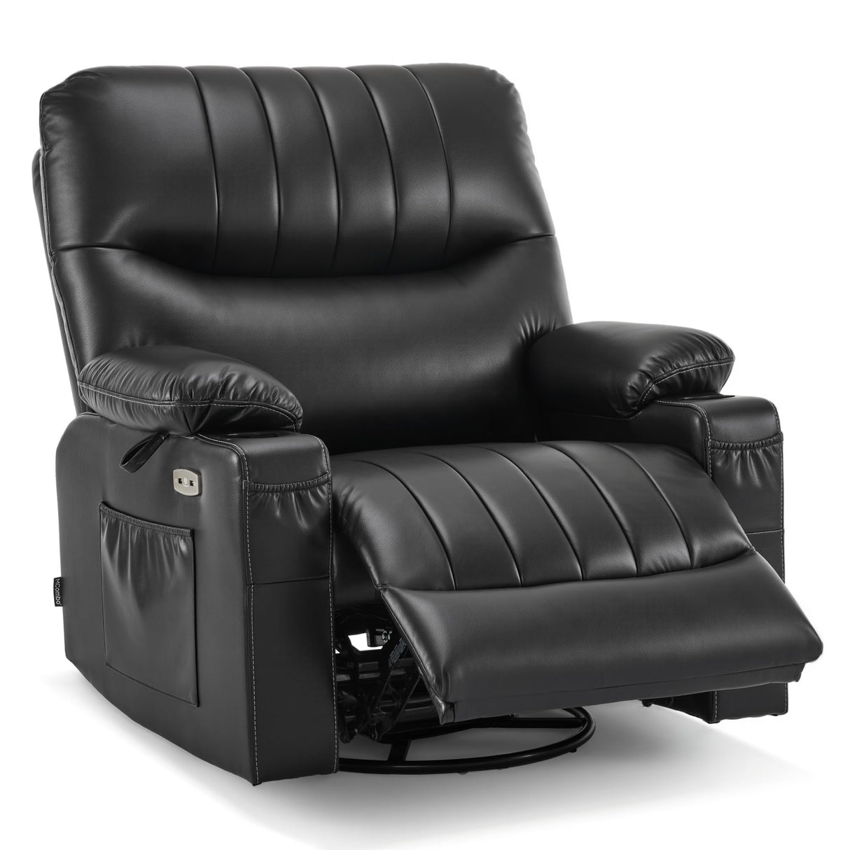 MCombo Oversized Swivel Glider Rocker Power Recliner Chair for Living Room with Heat and Vibration Massage, USB Ports, Cup Holders and Pockets, Faux Leather 7785 (Black) MCombo