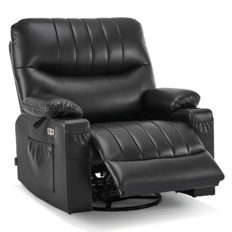 MCombo Oversized Swivel Glider Rocker Power Recliner Chair for Living Room with Heat and Vibration Massage, USB Ports, Cup Holders and Pockets, Faux Leather 7785 (Black) MCombo