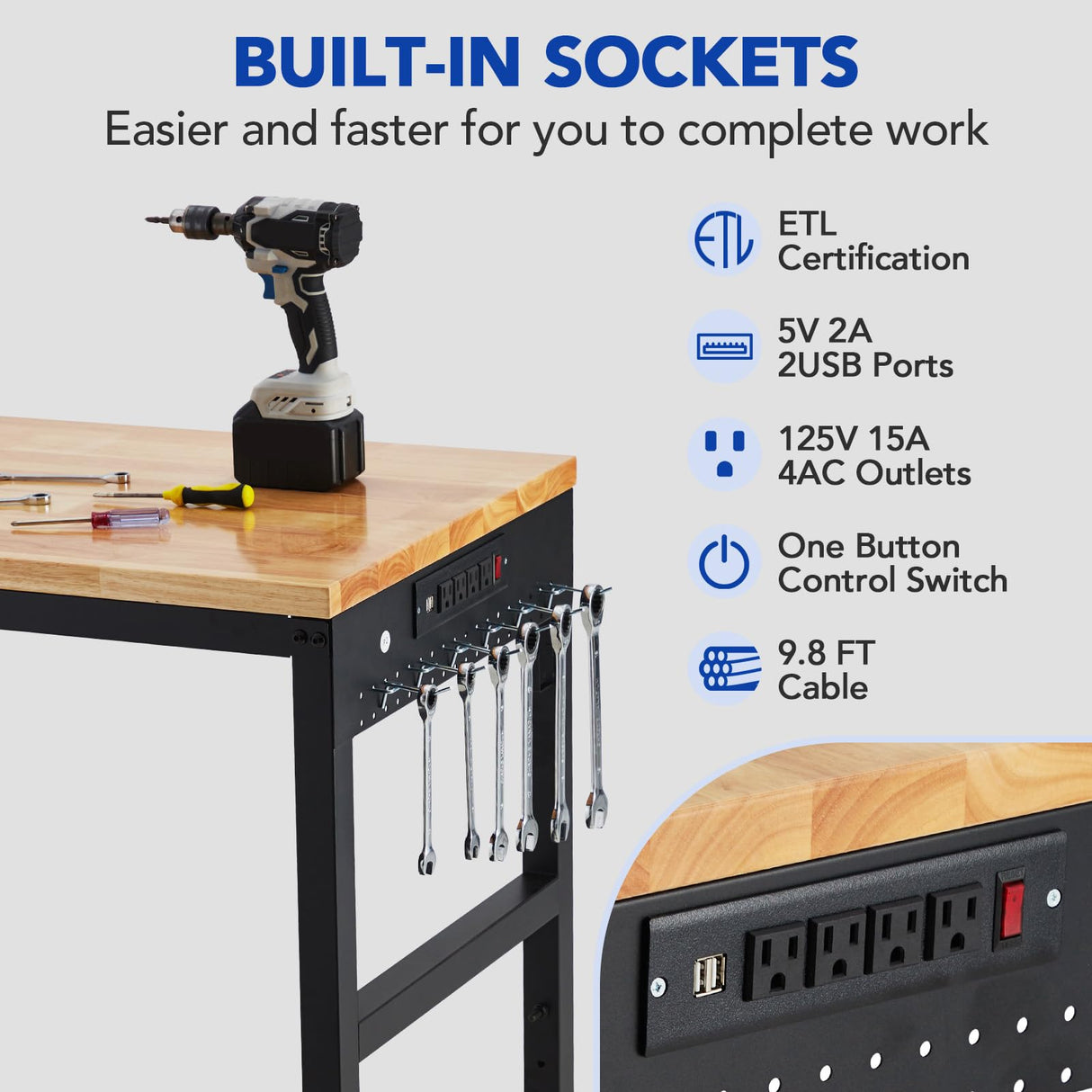 GarveeTech Adjustable Workbench 75' x 25', 2000 Lbs Load Capacity, 29.5"-38.4" Heights Garage Worktable with Universal Wheels & Power Outlet, Heavy-Duty Table for Workshop Office Home Commercial GarveeTech