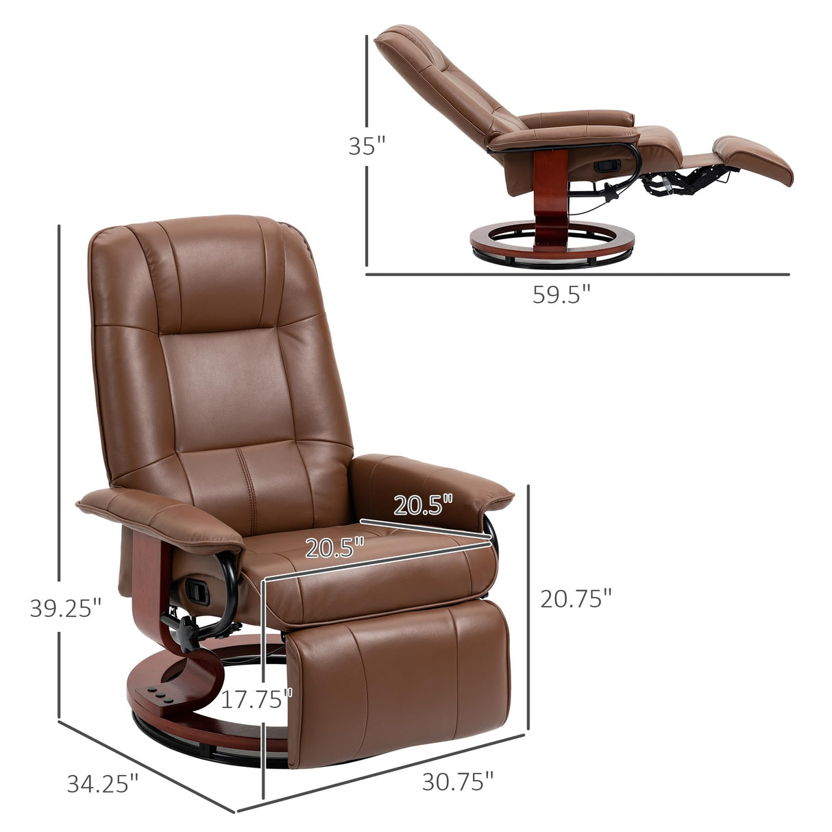 HOMCOM Faux Leather Manual Recliner, Adjustable Swivel Lounge Chair with Footrest, Armrest and Wrapped Wood Base for Living Room, Brown HOMCOM