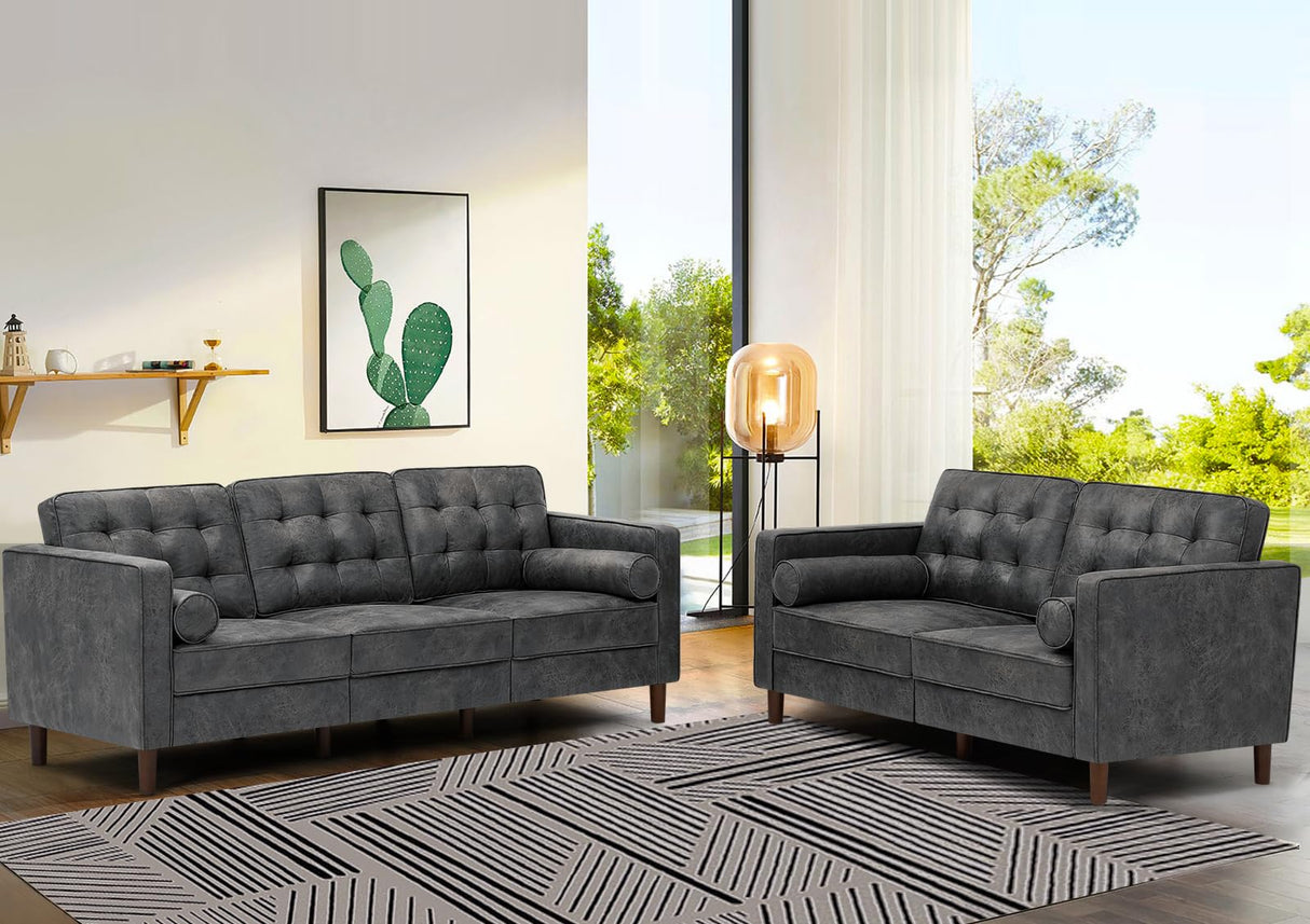 Lesofair 84 Inches Suede Leather Couch with Bolster Pillows, Comfy 3 Seater Sofa with Tufted Back Cushions, Modern Couch with Sturdy Legs for Living Room, Office, Bedroom, Grey Lesofair