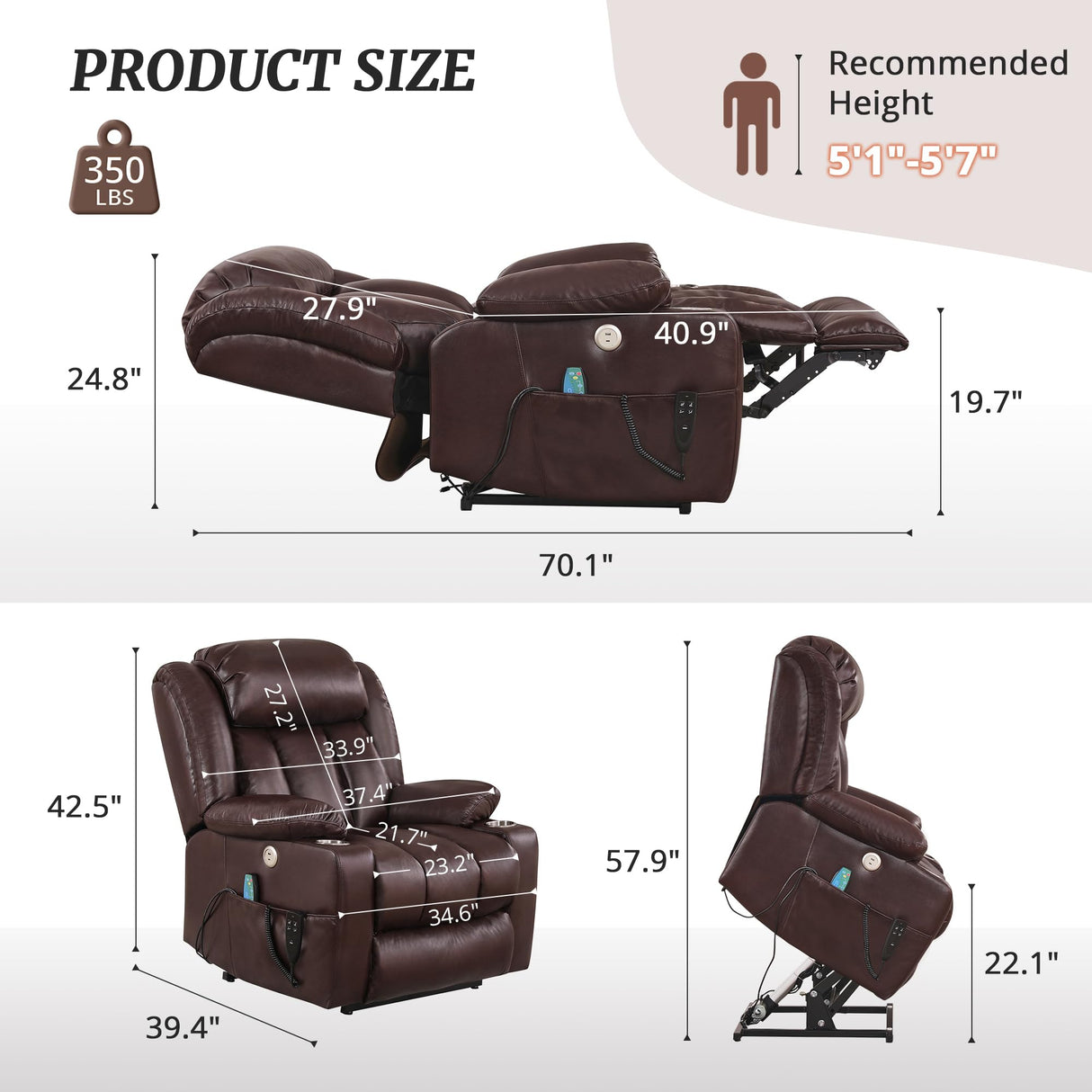 Cozyman Dual Motor Power Lift Recliner Chair for Elderly, Oversized Recliner Chair for Adults, Lift Recliner Chair with Heat and Massage, Infinite Position, USB Ports, Faux Leather, Dark Brown Cozyman