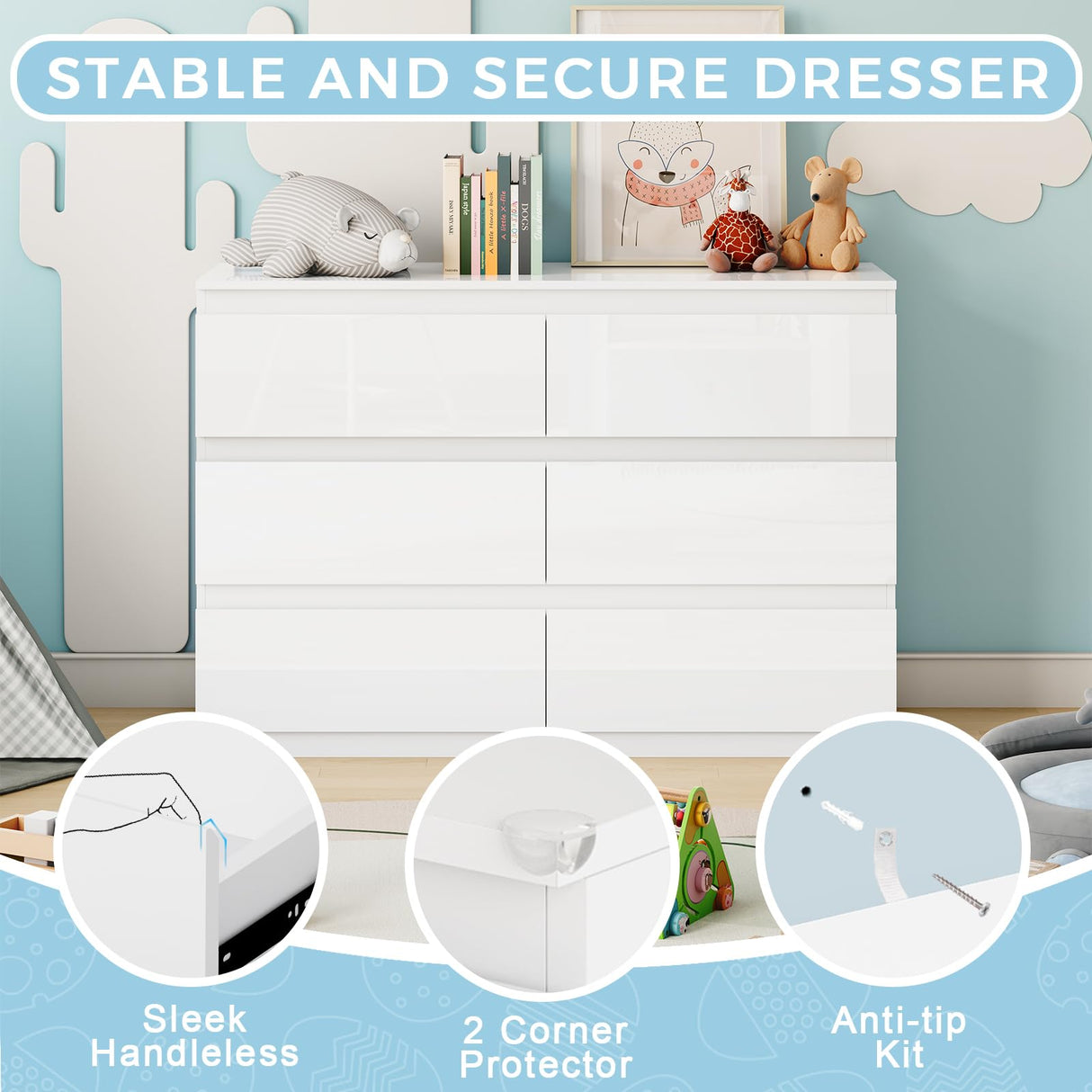 OtterOasis White Wood Dresser, 6 Drawer Dressers for Clothes Storage for Bedroom, Modern Dresser with Wide Drawers, Wide Wooden Chest Drawers for Living Room, Entryway, TV Stand(47" W x15.4 Dx32.3 H) OtterOasis