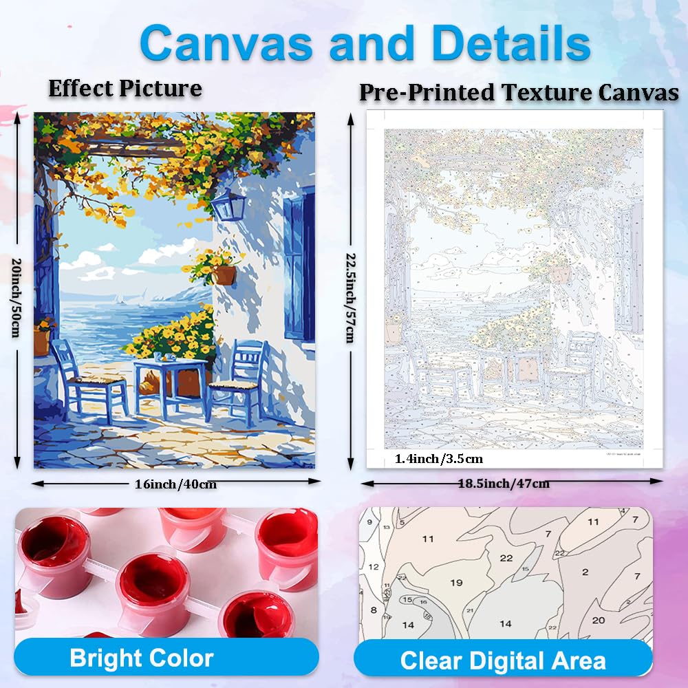 Artunion Mediterranean Greek Island Paint by Numbers Kit for Adults,Santorini Landscpe Paint by Number Kits, DIY Acrylic Paint by Number Kits on Canvas Arts Craft for Home Wall Decor 16x20 Inch Artunion