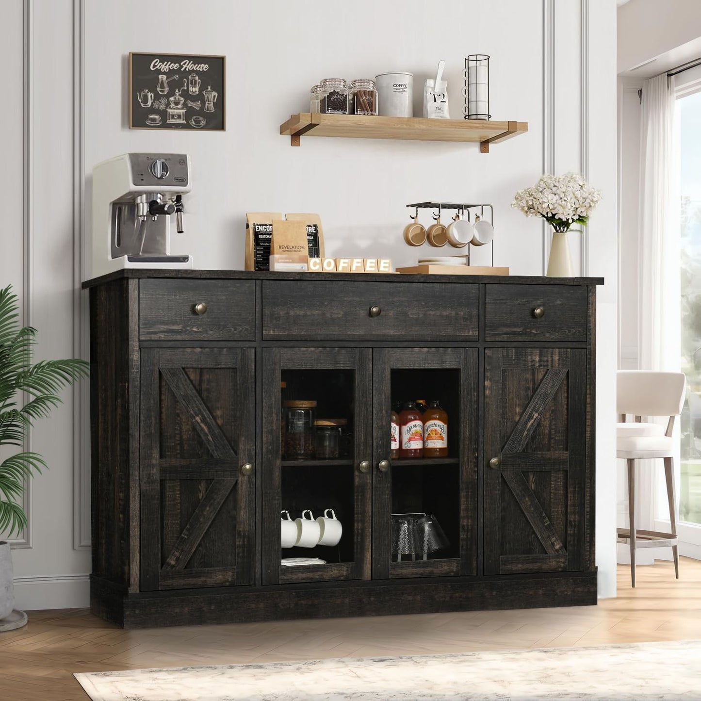 4 EVER WINNER Sideboard Buffet Cabinet with Storage, 55" Large Buffet Cabinet with Drawers Glass Doors Barn Doors, Farmhouse Coffee Bar Cabinet Wood Buffet Table for Kitchen, Dining Room, Rus - WoodArtSupply