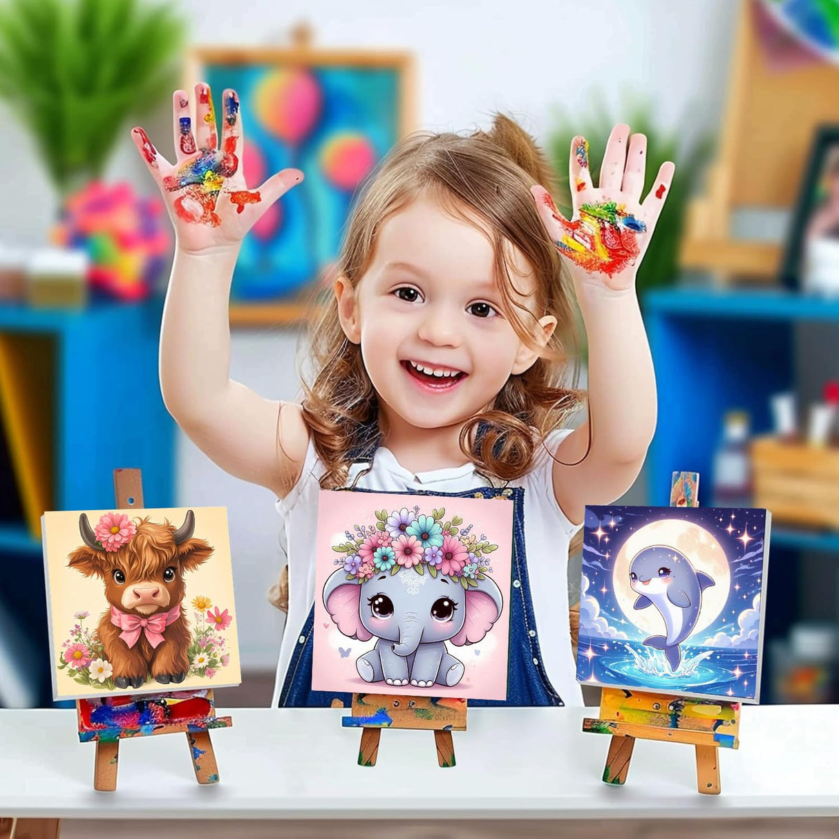 cviokrdu Elephants Paint by Numbers Kit for Kids with Frame - Wooden Easel, Animals Paint by Numbers for Kids Ages 4 8 12, Easy Acrylic Oil Painting Kits for Home Wall Decoration 8x8 inch cviokrdu